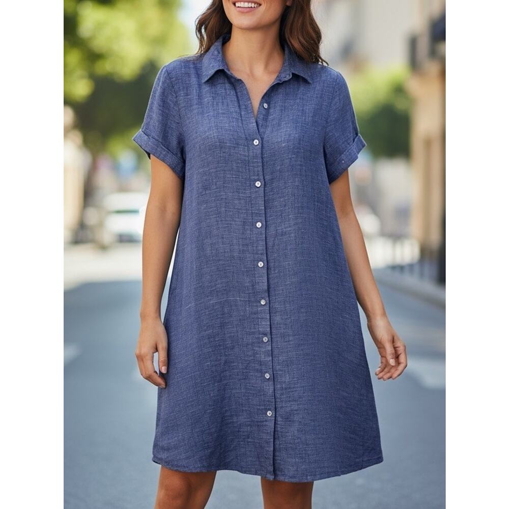 Tahari Linen Short Sleeve Button Up A Line Dress Y2K Cottagecore Lagonlook Sz S